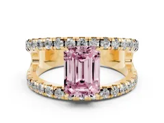 Fancy Pink Emerald Cut Diamond Split Shank Pavé Solitaire Ring Set in Yellow gold with Open Shank Design