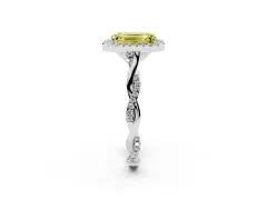 Fancy Yellow Emerald Cut Diamond Halo Twist Band Solitaire Ring Set in Silver with Prong Setting