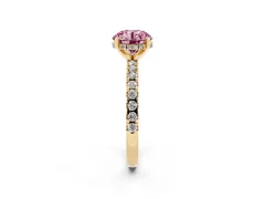 Fancy Pink Round Cut Diamond Pavé Solitaire Ring Set in Yellow gold with Round Band Accents and Prong Setting