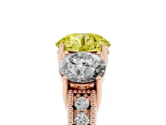Fancy Yellow Round Cut Diamond Three-Stone Engagement Ring Set in Rose gold with Milgrain Pavé Band