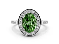 Fancy Green Oval Cut Diamond Halo Ring Set in Silver with Accent-Lined Split Shank and Prong Setting