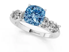 Fancy Blue Cushion Cut Diamond Five-Stone Prong Set Ring Set in Platinum with Classic Band