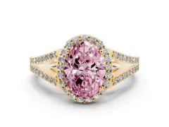 Fancy Pink Oval Cut Diamond Halo Split Shank Pavé Ring Set in Yellow gold with Prong Setting