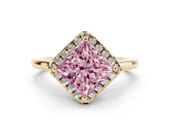 Fancy Pink Princess Cut Diamond Halo Engagement Ring Set in Yellow gold with Pavé Band and Rising Shoulders