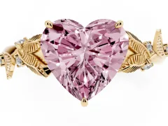 Fancy Pink Heart Cut Diamond Solitaire Ring Set in Yellow gold with Leaf Motif Band