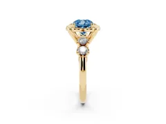 Fancy Blue Cushion Cut Diamond Floral Halo Ring Set in Yellow gold with Shared Prong Band