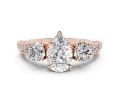 Pear Cut Diamond Three-Stone Ring Set in Rose gold with Round Side Stones and Pavé Band