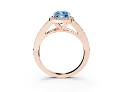 Fancy Blue Cushion Cut Diamond Halo Split Shank Pavé Ring Set in Rose gold with Prong Setting