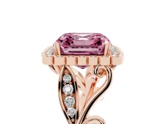 Fancy Pink Asscher Cut Diamond Halo Ring Set in Rose gold with Leaf Motif Split Shank and Prong Setting