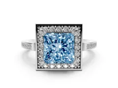 Fancy Blue Princess Cut Diamond Halo Ring Set in White gold with Accent-Lined Split Shank and Prong Setting