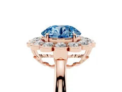 Fancy Blue Round Cut Diamond Halo Cluster Engagement Ring Set in Rose gold with Solitaire Band and Prong Setting