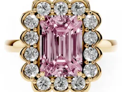 Fancy Pink Emerald Cut Diamond Halo Cluster Engagement Ring Set in Yellow gold with Solitaire Band and Prong Setting