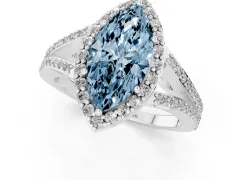Fancy Blue Marquise Cut Diamond Halo Split Shank Pavé Ring Set in White gold with Prong Setting