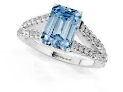 Fancy Blue Emerald Cut Diamond Split Shank Pavé Engagement Ring Set in Platinum with Prong-Held Center Stone