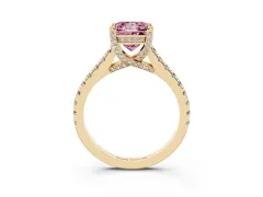 Fancy Pink Princess Cut Diamond Solitaire Ring Set in Yellow gold with Brilliant Pavé Band and Prong Setting