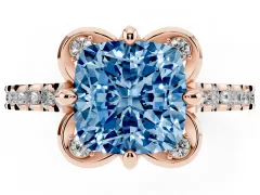 Fancy Blue Cushion Cut Diamond Solitaire Ring Set in Rose gold with Pavé Band and Floral Prong Setting