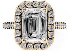 Emerald Cut Diamond Cushion Halo Ring Set in Yellow gold with Pavé Band