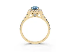 Fancy Blue Emerald Cut Diamond Halo Engagement Ring Set in Yellow gold with Pavé Band and Prong-Set Center