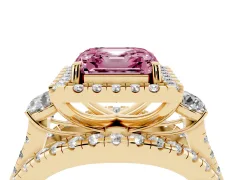 Fancy Pink Asscher Cut Diamond Halo Split Shank Ring Set in Yellow gold with Round Accent Stones and Prong Setting