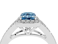 Fancy Blue Emerald Cut Diamond Halo Split Shank Pavé Ring Set in Silver with Prong Setting