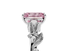 Fancy Pink Emerald Cut Diamond Solitaire Ring Set in Platinum with Leaf Motif Band