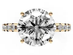 Round Cut Diamond Pavé Solitaire Ring Set in Yellow gold with Round Band Accents and Prong Setting