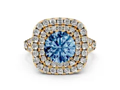 Fancy Blue Round Cut Diamond Double Halo Ring Set in Yellow gold with Pavé Split Shank and Prong Setting