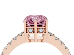Fancy Pink Radiant Cut Diamond Solitaire Engagement Ring Set in Rose gold with Pavé Band and Prong Setting