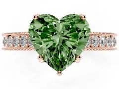 Fancy Green Heart Cut Diamond Solitaire Ring Set in Rose gold with Milgrain-Edged Pavé Band and Prong Setting
