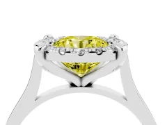 Fancy Yellow Round Cut Diamond Cluster Halo Solitaire Ring Set in White gold with Prong Setting