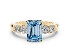Fancy Blue Emerald Cut Diamond Five-Stone Prong Set Engagement Ring Set in Yellow gold with Channel Band