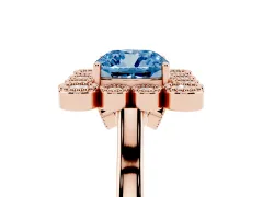 Fancy Blue Cushion Cut Diamond Cluster Halo Ring Set in Rose gold with Milgrain Bezel Accents and Plain Band