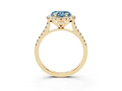 Fancy Blue Heart Cut Diamond Cushion Halo Ring Set in Yellow gold with Pavé Band