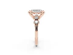 Emerald Cut Diamond Floral Halo Ring Set in Rose gold with Shared Prong Band