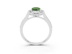 Fancy Green Emerald Cut Diamond Halo Ring Set in White gold with Pavé-Lined Shoulders and Prong Setting