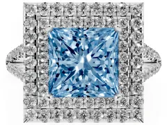 Fancy Blue Princess Cut Diamond Double Halo Ring Set in White gold with Pavé Band