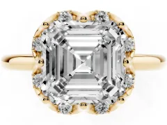 Asscher Cut Diamond Round Cluster Halo Ring Set in Yellow gold with Solitaire Band and Prong Setting