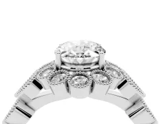 Oval Cut Diamond Solitaire Ring Set in Silver with Milgrain Pavé Heart Band