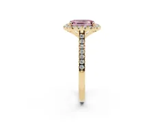 Fancy Pink Emerald Cut Diamond Cushion Halo Ring Set in Yellow gold with Pavé Band