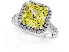 Fancy Yellow Asscher Cut Diamond Halo Engagement Ring Set in Silver with Pavé Band and Prong-Set Center