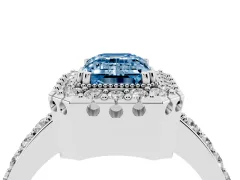 Fancy Blue Emerald Cut Diamond Halo Ring Set in Platinum with Pavé Shank and Prong Setting