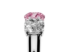 Fancy Pink Cushion Cut Diamond Three-Stone Ring Set in Silver with Plain Polished Band