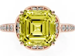 Fancy Yellow Asscher Cut Diamond Halo Ring Set in Rose gold with Channel Set Band and Prong Setting