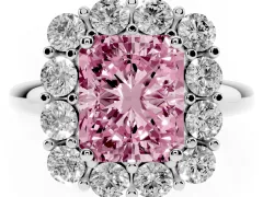 Fancy Pink Radiant Cut Diamond Halo Cluster Engagement Ring Set in Platinum with Polished Band and Prong Setting