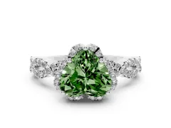 Fancy Green Heart Cut Diamond Halo Twist Band Solitaire Ring Set in Silver with Prong-Set Center Stone