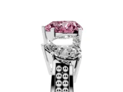 Fancy Pink Heart Cut Diamond Three-Stone Ring Set in White gold with Textured Band