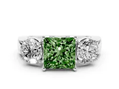 Fancy Green Princess Cut Diamond Three-Stone Ring Set in White gold with Round Side Stones and Classic Band
