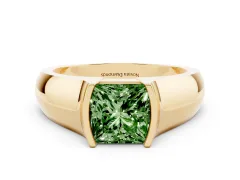 Fancy Green Princess Cut Diamond Bezel Solitaire Ring Set in Yellow gold with Wide Band