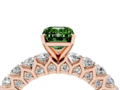 Fancy Green Emerald Cut Diamond Solitaire Ring Set in Rose gold with Shared Prong Pavé Band