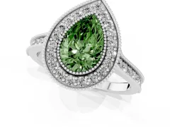 Fancy Green Pear Cut Diamond Halo Milgrain Pavé Band Ring Set in Silver with Prong Setting